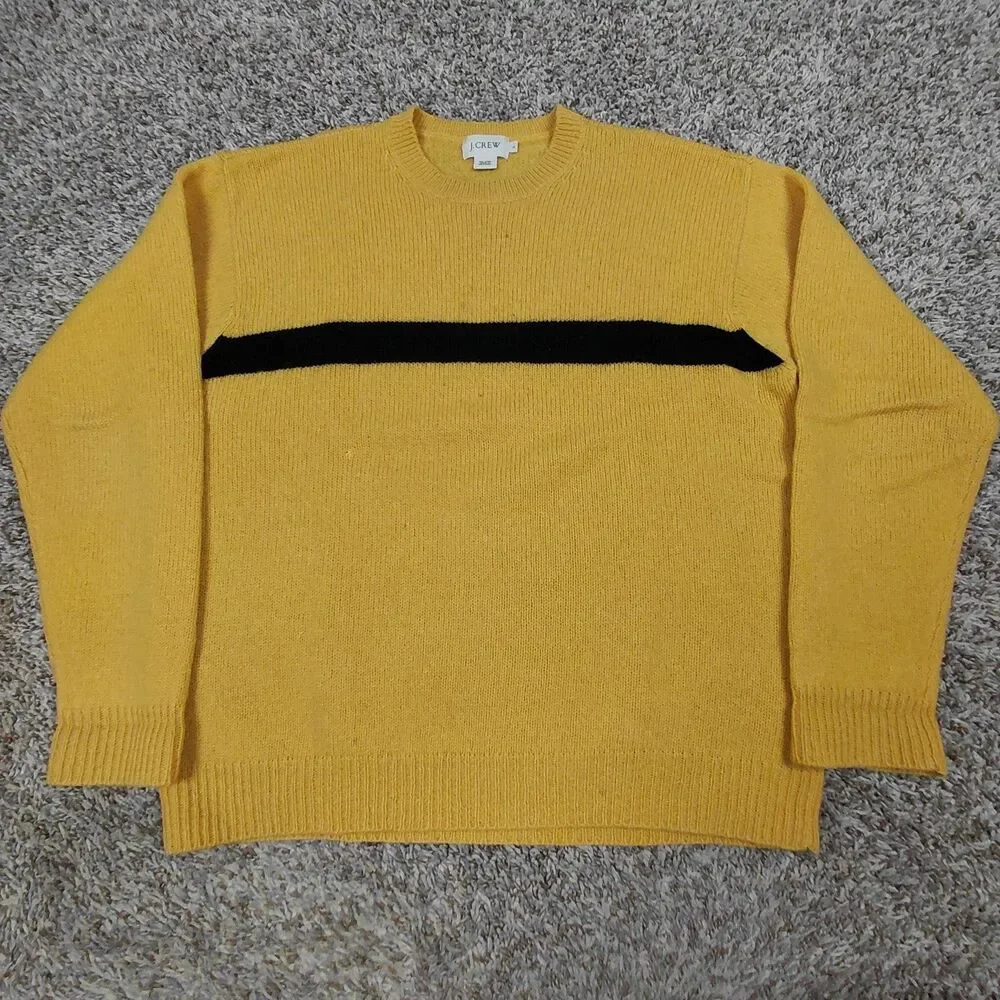 Vintage J Crew Wool Sweater Mens Large Yellow Crew Neck Single Stripe Y2K Preppy